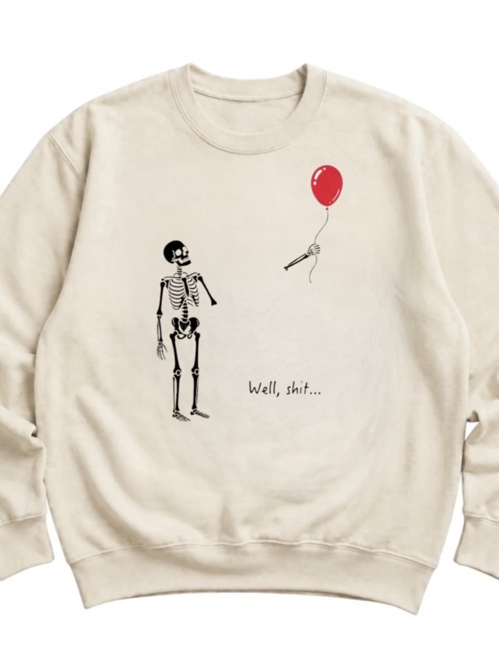 Cream Sweatshirt with Skeleton & Red Balloon Graphic